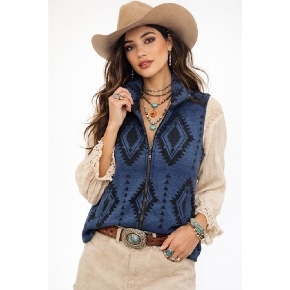 Back In The Saddle Southwest Fleece Blue Vest Size M